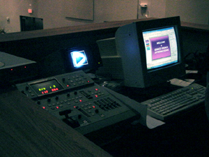 Overdrive Productions Inc. installed the Sound and Video systems at Grace Church International's new building. Pictured here is the video mixer, que monitor, scaler switcher and P.C. used for Media Shout software